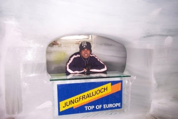 Gagan at a Jungfraujoch Top of Europe sign made of ice