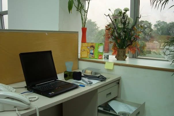 Gagan’s desk at the NDTV office, with a laptop and telephone