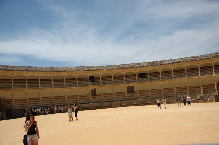 A broad sunlit arena with tiered seating