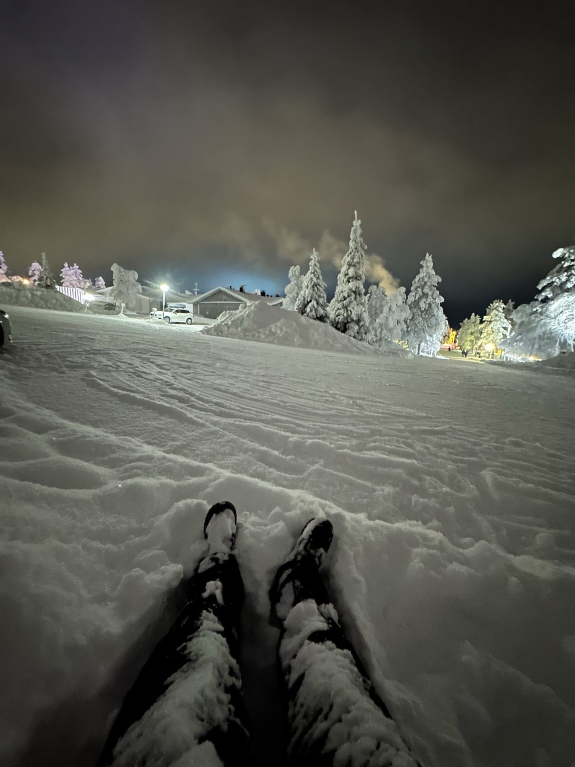 A view of snow-covered boots and trees at night