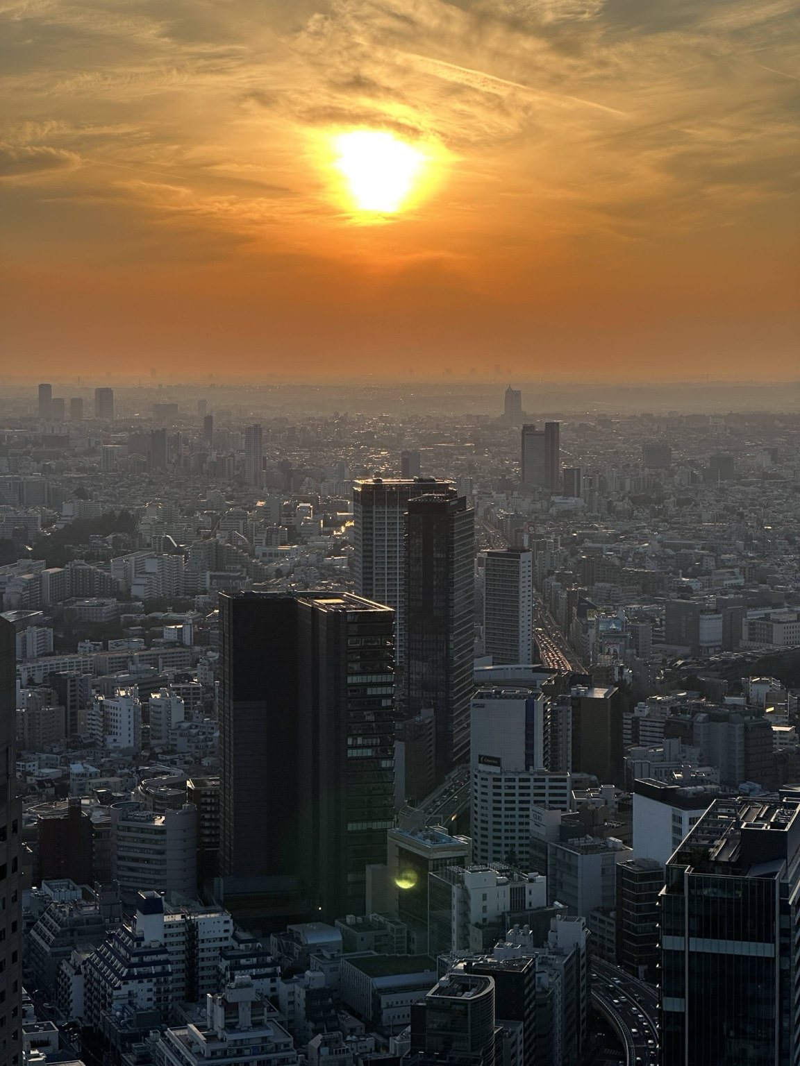 Sun setting over a Japanese city