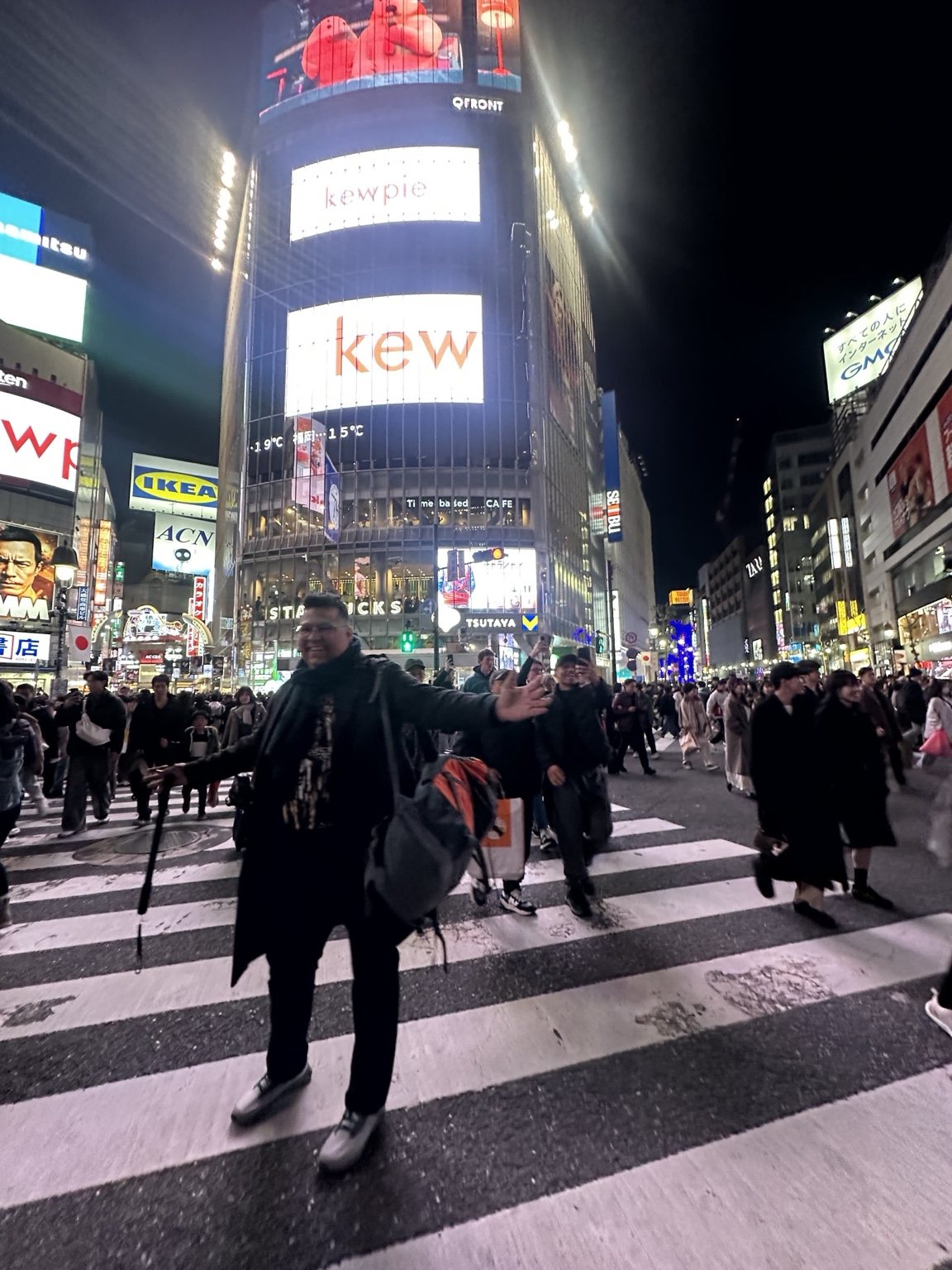 Crowds at a bright city crossing at night
