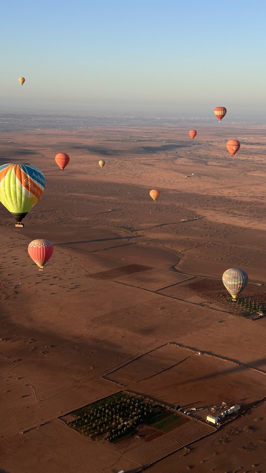 Hot-air balloons spread across the landscape in morning light