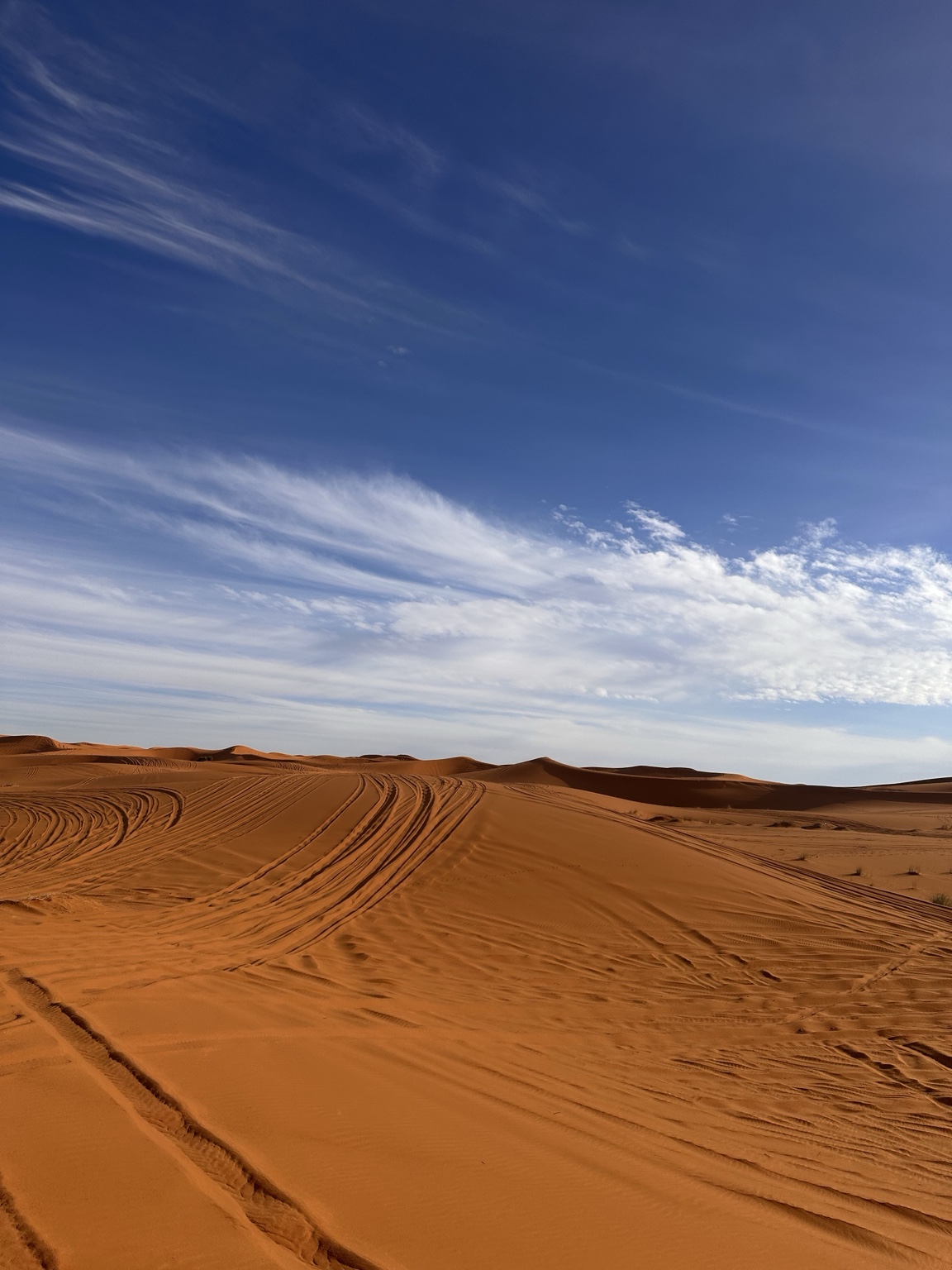 Tire tracks crossing orange Sahara dunes beneath a broad sky