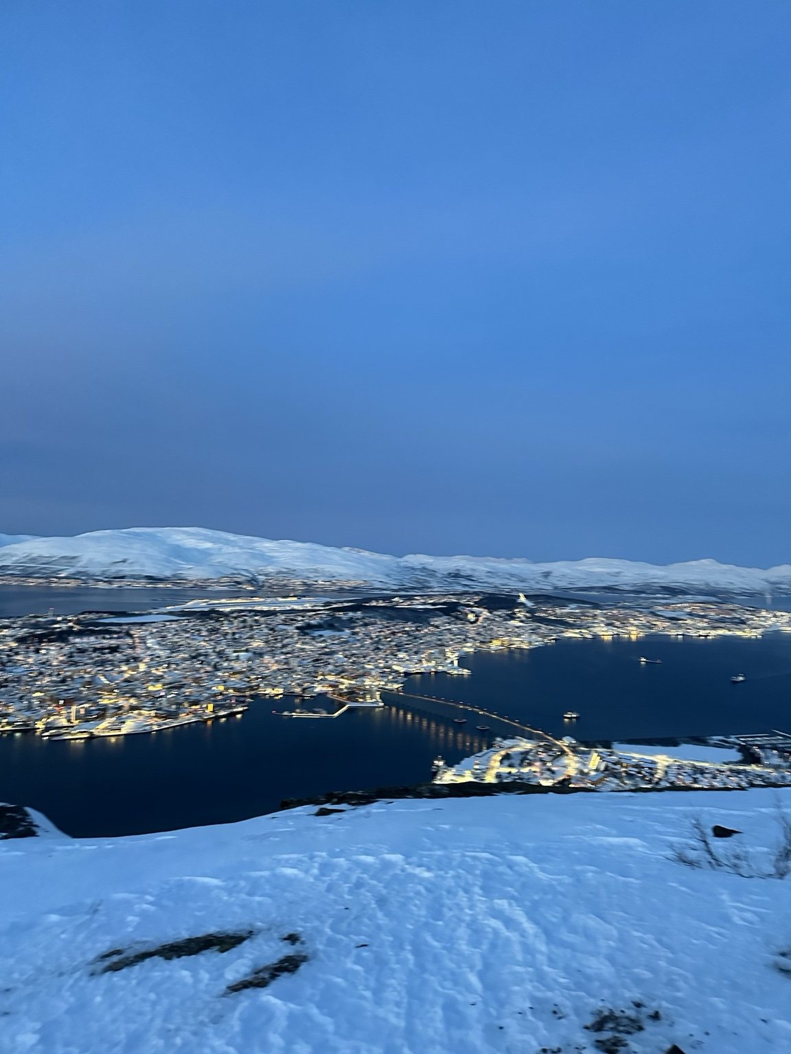 Panorama of fjord, city and surrounding snowy mountains