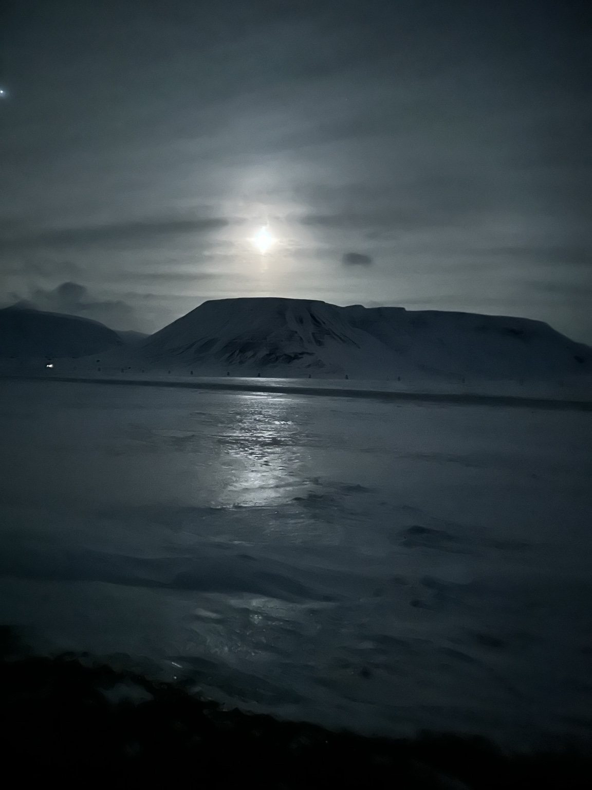 Moonlight over a snowy fjord